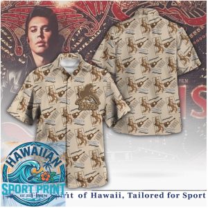 Elvis Presley Retro Guitar Silhouette Tan Vintage Newspaper Hawaiian Shirt