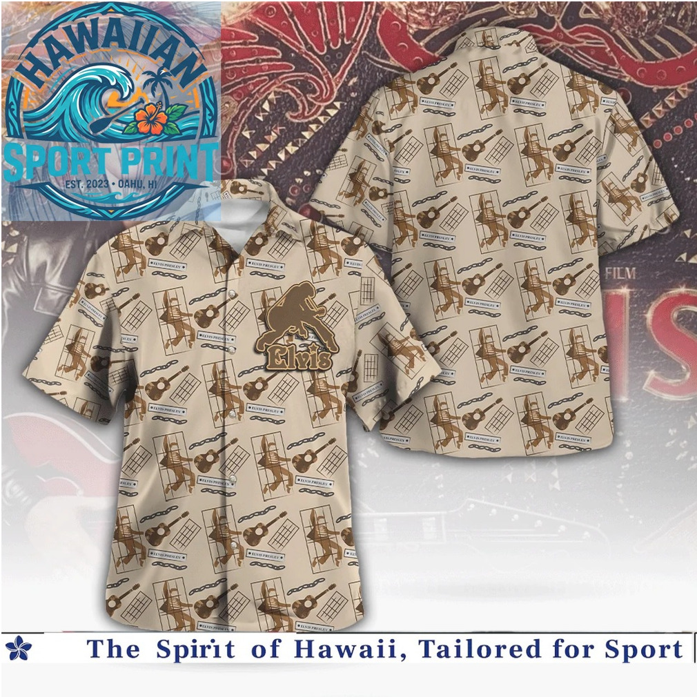 Elvis Presley Retro Guitar Silhouette Tan Vintage Newspaper Hawaiian Shirt Elvis Presley Retro Guitar Silhouette Tan Vintage Newspaper Hawaiian Shirt