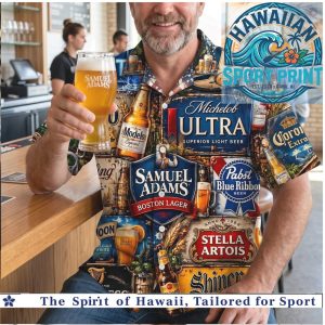 Famous Beer Brands Logos Vintage Collage Bar Pub Hawaiian Shirt