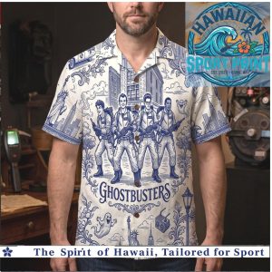 Ghostbusters Classic Movie Blue Toile De Jouy Retro Comedy Hawaiian Shirt
