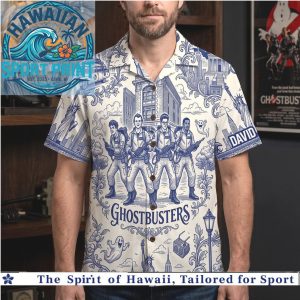 Ghostbusters Classic Movie Blue Toile De Jouy Retro Comedy Hawaiian Shirt