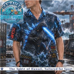 Godzilla Atomic Breath City Destruction Japanese Monster Tropical Hawaiian Shirt
