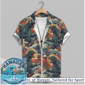 Godzilla Japanese Red Sun Ocean Wave Hawaiian Shirt