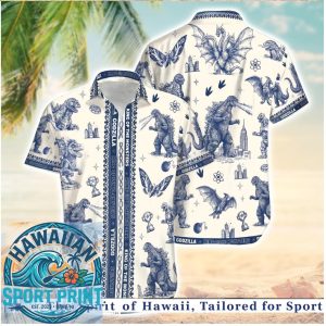 Godzilla Kaiju Monsters Vintage Blue Toile Hawaiian Shirt