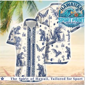 Godzilla Kaiju Monsters Vintage Blue Toile Hawaiian Shirt