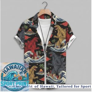 Godzilla Kanji Wave Volcano Vintage Art Hawaiian Shirt