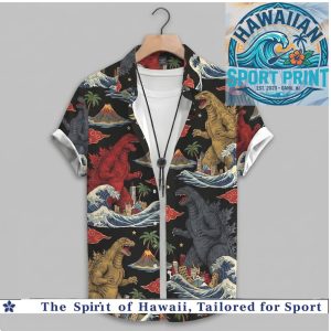 Godzilla Kanji Wave Volcano Vintage Art Hawaiian Shirt