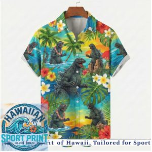 Godzilla Tropical Palm Trees Surf Beach Hawaiian Shirt