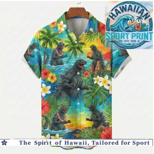 Godzilla Tropical Palm Trees Surf Beach Hawaiian Shirt