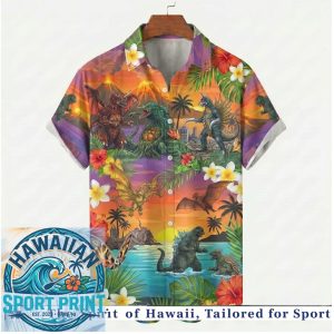 Godzilla Volcano Sunset Tropical Paradise Hawaiian Shirt