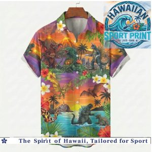 Godzilla Volcano Sunset Tropical Paradise Hawaiian Shirt