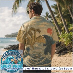 Godzilla vs King Ghidorah Japanese Great Wave Vintage Art Hawaiian Shirt