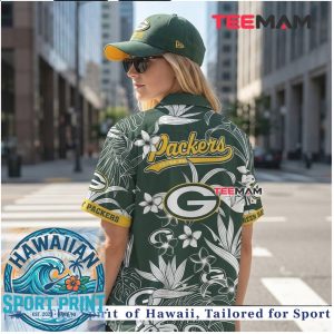 Green Bay Packers White Tropical Flower Leaf Pattern Hawaiian Shirt