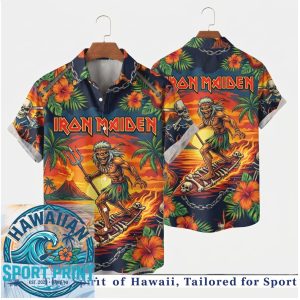 Iron Maiden Eddie Surfing Tropical Island Fire Sunset Hawaiian Shirt