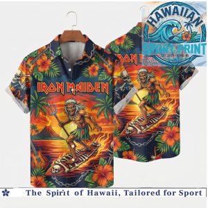 Iron Maiden Eddie Surfing Tropical Island Fire Sunset Hawaiian Shirt