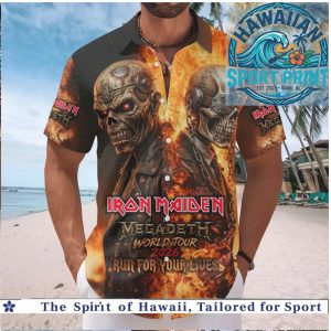 Iron Maiden Megadeth World Tour 2026 Skull Fire Heavy Metal Rock Hawaiian Shirt Beach