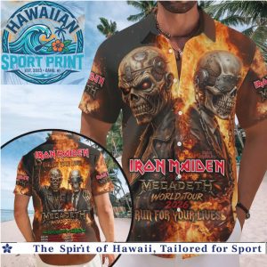 Iron Maiden Megadeth World Tour 2026 Skull Fire Heavy Metal Rock Hawaiian Shirt Beach
