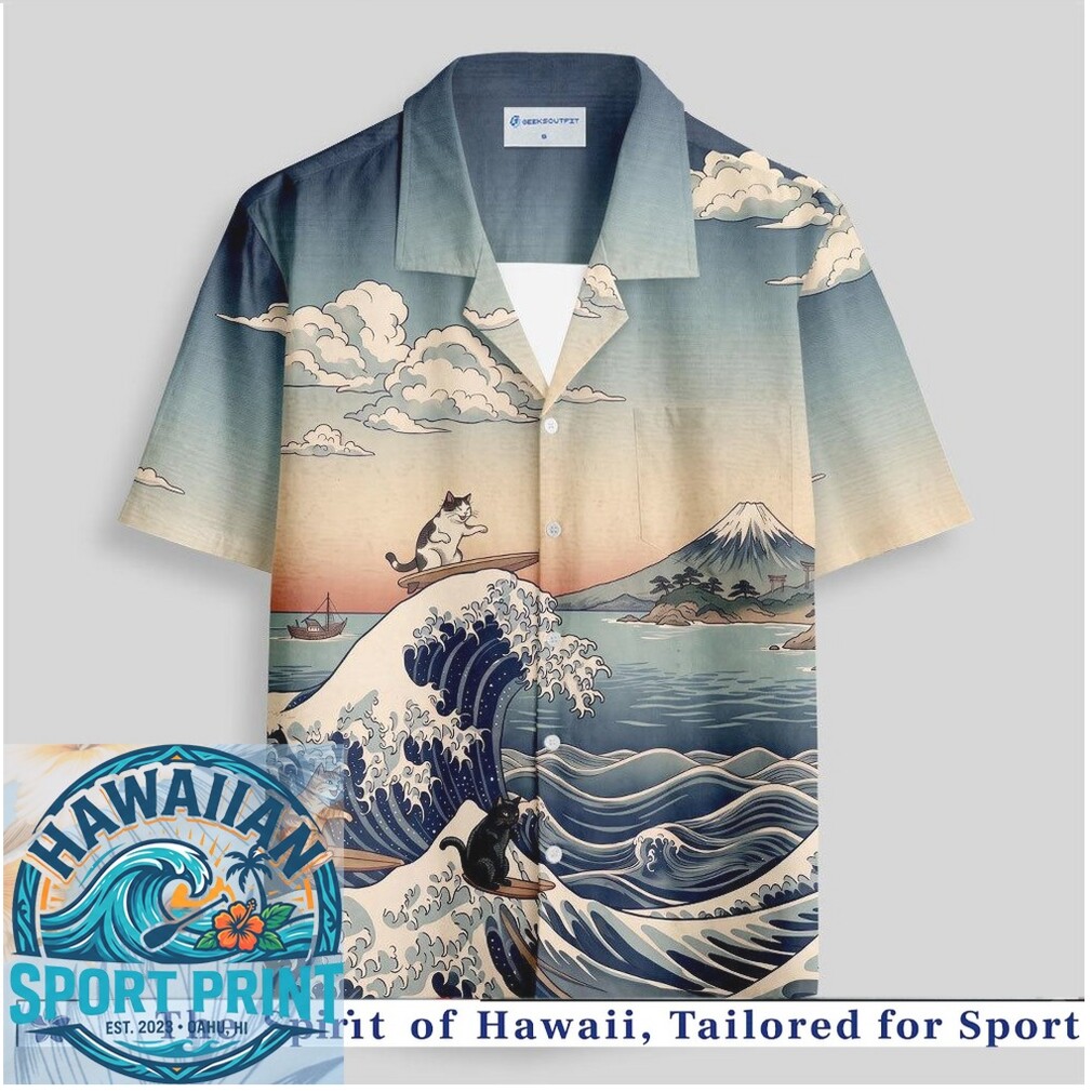 Japanese Great Wave Surfing Cats Kanagawa Style Hawaiian Shirt Japanese Great Wave Surfing Cats Kanagawa Style Hawaiian Shirt
