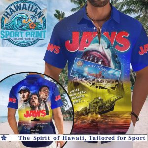Jaws Movie Poster Amity Island Classic Thriller Tropical Summer Hawaiian Shirt Beach