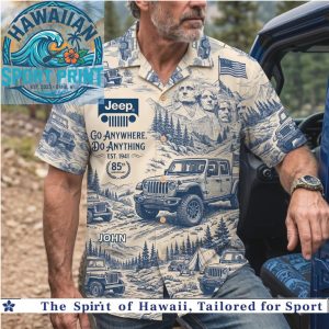 Jeep Go Anywhere Do Anything Mount Rushmore Vintage Blue Hawaiian Shirt