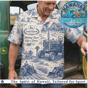 John Deere Tractor Farm Agriculture Vintage Blue Toile Hawaiian Shirt