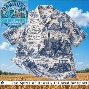 John Deere Tractor Farm Agriculture Vintage Blue Toile Hawaiian Shirt