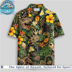Jurassic Park Dinosaurs Fossil T Rex Tropical Jungle Hibiscus Hawaiian Shirt
