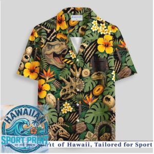 Jurassic Park Dinosaurs Fossil T Rex Tropical Jungle Hibiscus Hawaiian Shirt