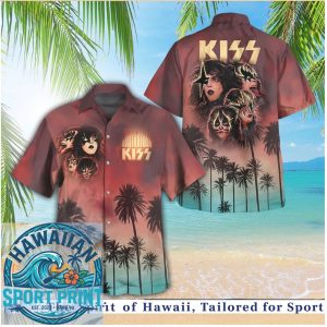 KISS Band Members Sunset Palm Tree Tropical Aloha Hawaiian Shirt Beach