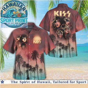 KISS Band Members Sunset Palm Tree Tropical Aloha Hawaiian Shirt Beach
