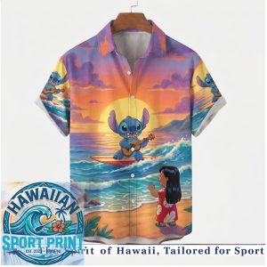 Lilo And Stitch Surfing Sunset Beach Paradise Tropical Hawaiian Shirt