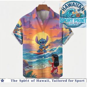 Lilo And Stitch Surfing Sunset Beach Paradise Tropical Hawaiian Shirt