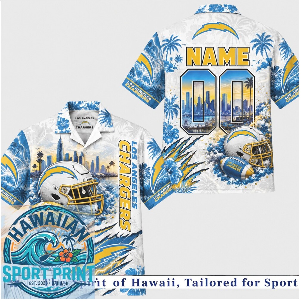 Los Angeles Chargers Football Team Mascot Skyline Aloha Hawaiian Shirt Los Angeles Chargers Football Team Mascot Skyline Aloha Hawaiian Shirt