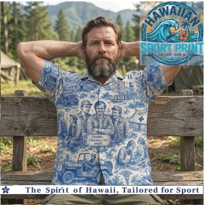 MASH 4077th Vintage Blue Toile De Jouy Military TV Show Hawaiian Shirt