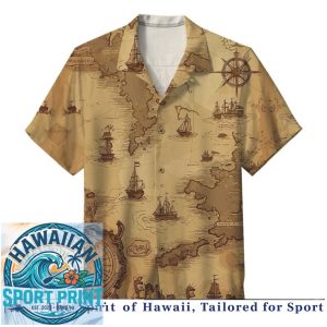 Nautical Ship Compass Treasure Map Vintage Map Hawaiian Shirt