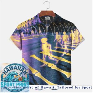 Neon Glowing Skeletons Crosswalk Retro Spooky Halloween Hawaiian Shirt