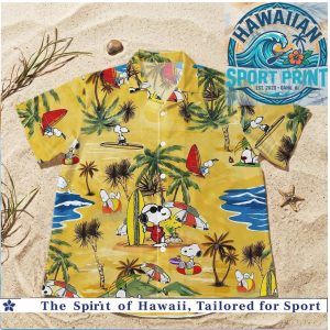 Peanuts Snoopy Surfing Palm Trees Tropical Beach Hawaiian Shirt