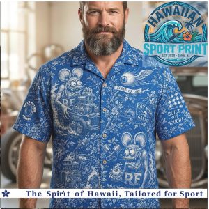 Rat Fink Hot Rod Blue Toile de Jouy Hawaiian Shirt