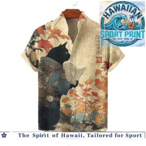 Samurai Black Cat Autumn Travel Japanese Ukiyo E Hawaiian Shirt