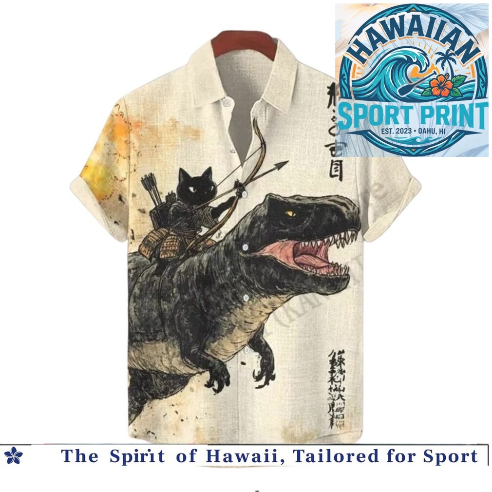 Samurai Black Cat Riding T Rex Dinosaur Japanese Art Hawaiian Shirt Samurai Black Cat Riding T Rex Dinosaur Japanese Art Hawaiian Shirt