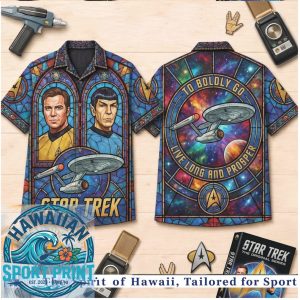 Star Trek Kirk Spock Enterprise Stained Glass Space Hawaiian Shirt