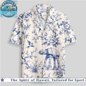 Star Wars AT AT Walker TIE Fighter Asian Blue Toile Floral Hawaiian Shirt