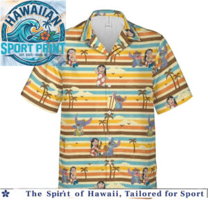 Stitch and Lilo Retro Striped Tropical Summer Hawaiian Shirt