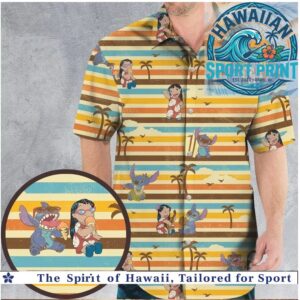 Stitch and Lilo Retro Striped Tropical Summer Hawaiian Shirt