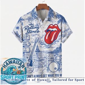 The Rolling Stones Classic Tongue Logo Blue Toile Hawaiian Shirt