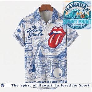 The Rolling Stones Classic Tongue Logo Blue Toile Hawaiian Shirt