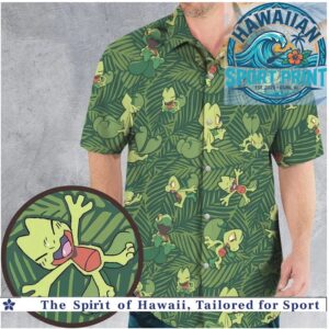 Treecko Pokémon Tropical Green Jungle Leaf Pattern Hawaiian Shirt
