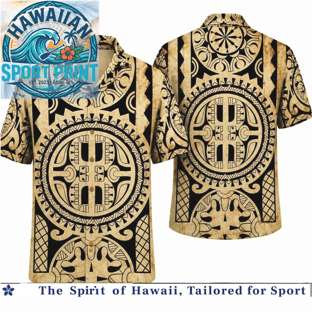 Tribal Polynesian Aztec Vintage Gold Black Hawaiian Shirt Tribal Polynesian Aztec Vintage Gold Black Hawaiian Shirt
