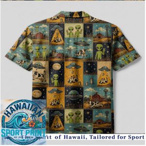 Vintage Alien UFO Cow Abduction Sci Fi Tropical Hawaiian Shirt