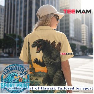 Vintage Godzilla Paris Eiffel Tower Sunset Tropical Hawaiian Shirt